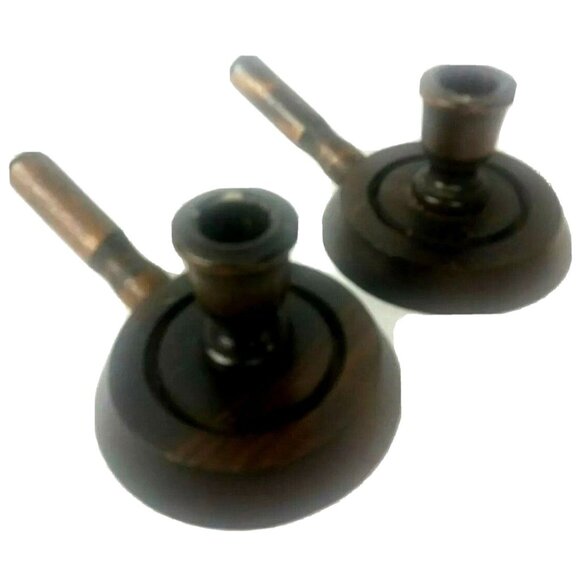 Two Vintage Wooden Handled Chamberstick Candleholders Rustic Granny Chic Charm - Picture 4 of 6